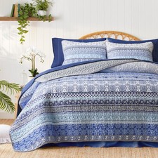 3 Pieces Colorful Bohemian Quilt Set Full Queen Size, Blue n Grey Boho Stripe...