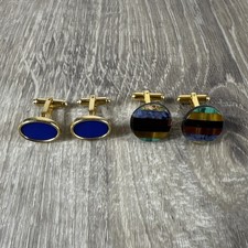 2 Pairs Colorful Stone Cufflinks Blue and Multi-Color with Gold Studs
