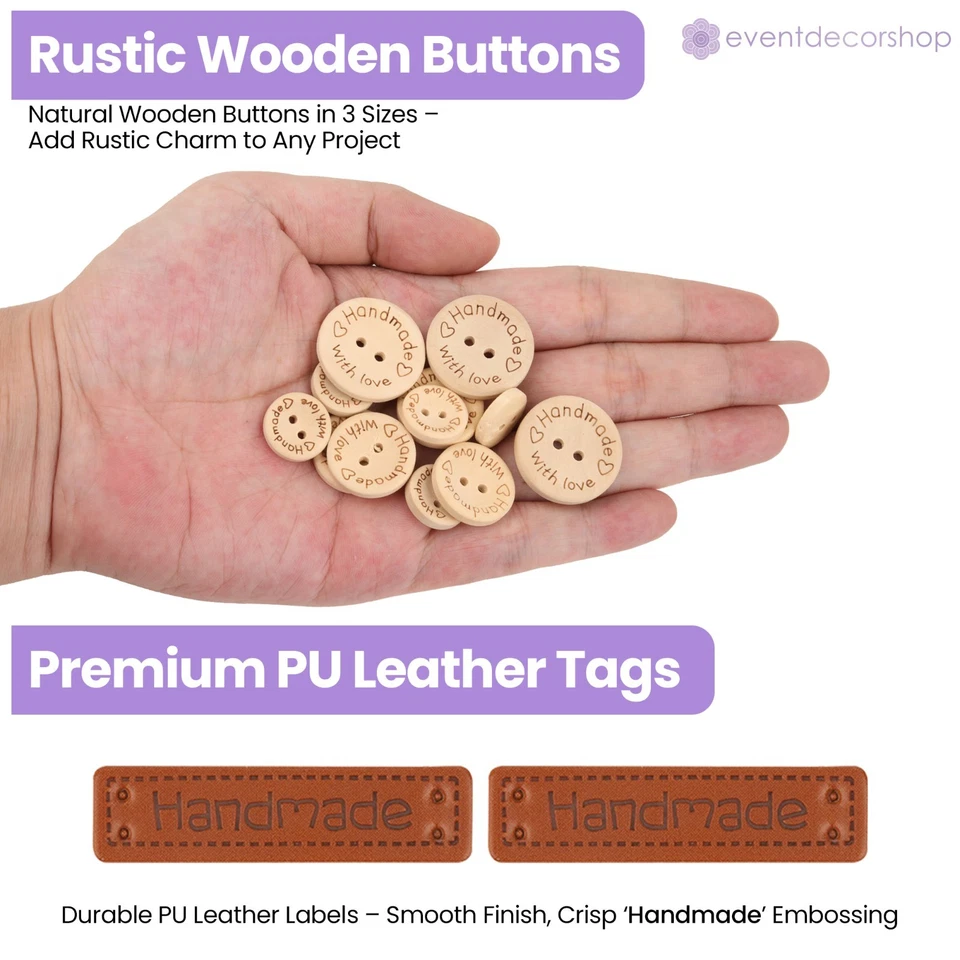 100 Stck. Handgefertigte Etiketten & Knöpfe Set-Holz, Leder, Stoffetiketten zum Selbermachen Handwerk - Bild 3 von 4