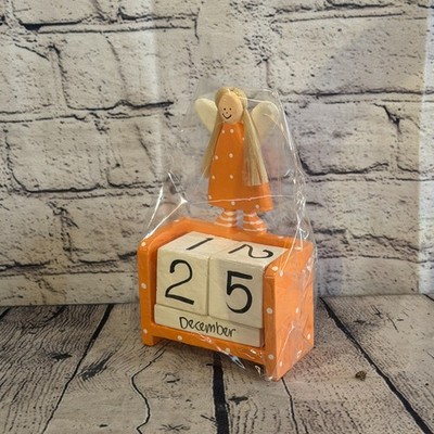 15cm Orange Hand Carved Painted Wooden Angel Block Calendar for Desk Display