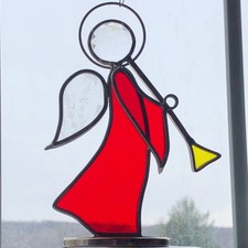 Vintage Stained Glass Angel Figurine Red 5.5  Lead stand sun catcher figure