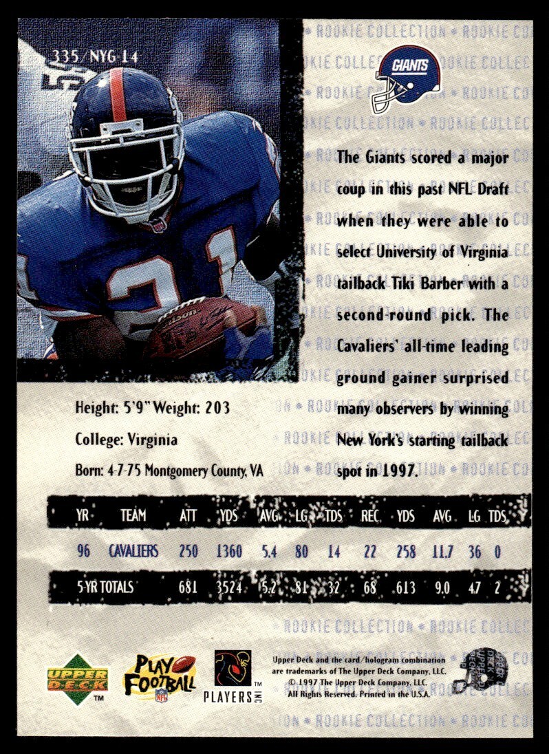 1997 Upper Deck Collector's Choice Rookie Collection Tiki Barber #335