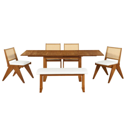 Modern 6-Piece Extendable Dining Table Set w/ 4 Back Upholstered Chairs & Bench - Picture 11 of 24