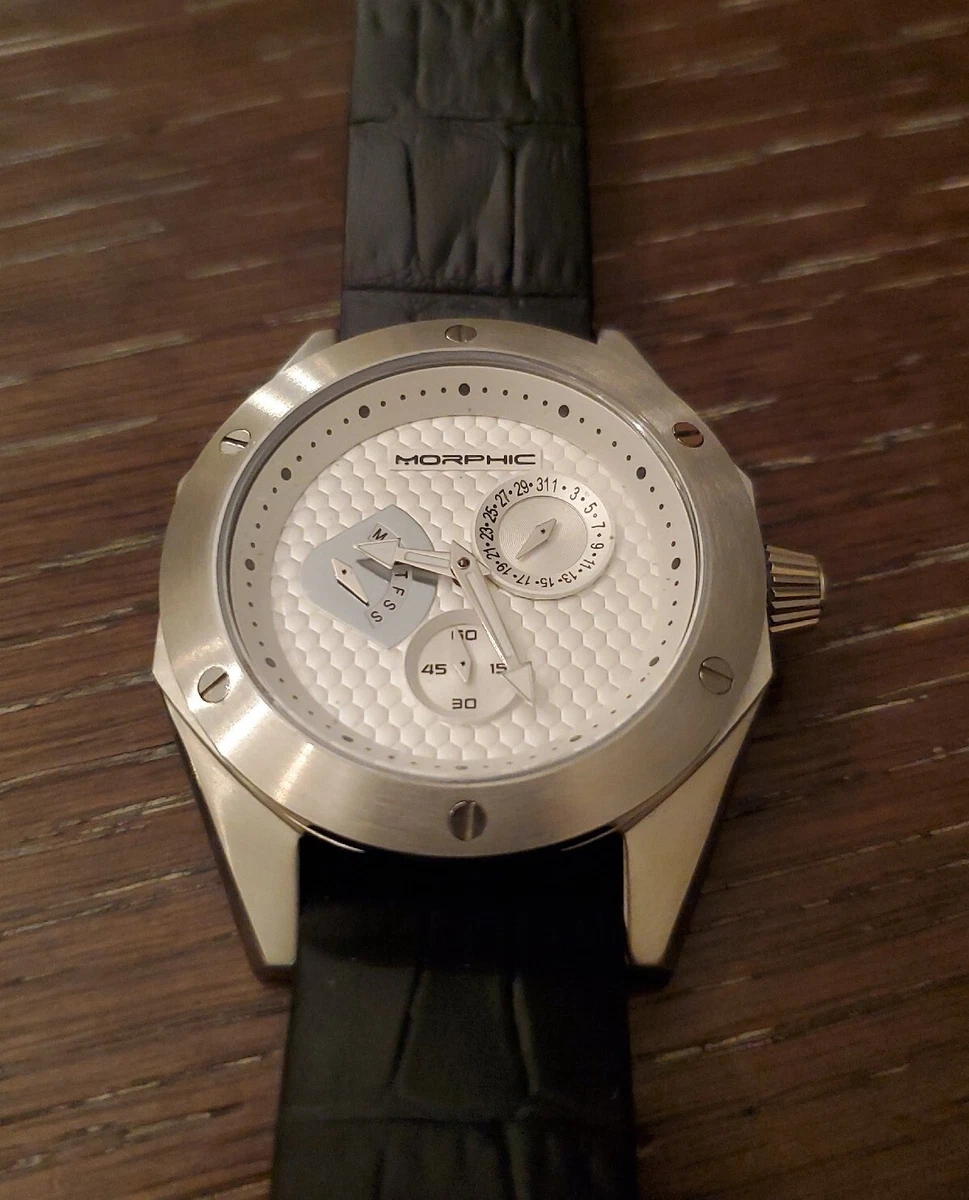 Morphic M46 Series Mens 4601 Day Date Silver Dial Black Band SS Silver Watch
