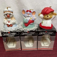 3 Lot Jasco Caring Critter Chimers Bell Christmas Ornament w box Mouse Bear Duck