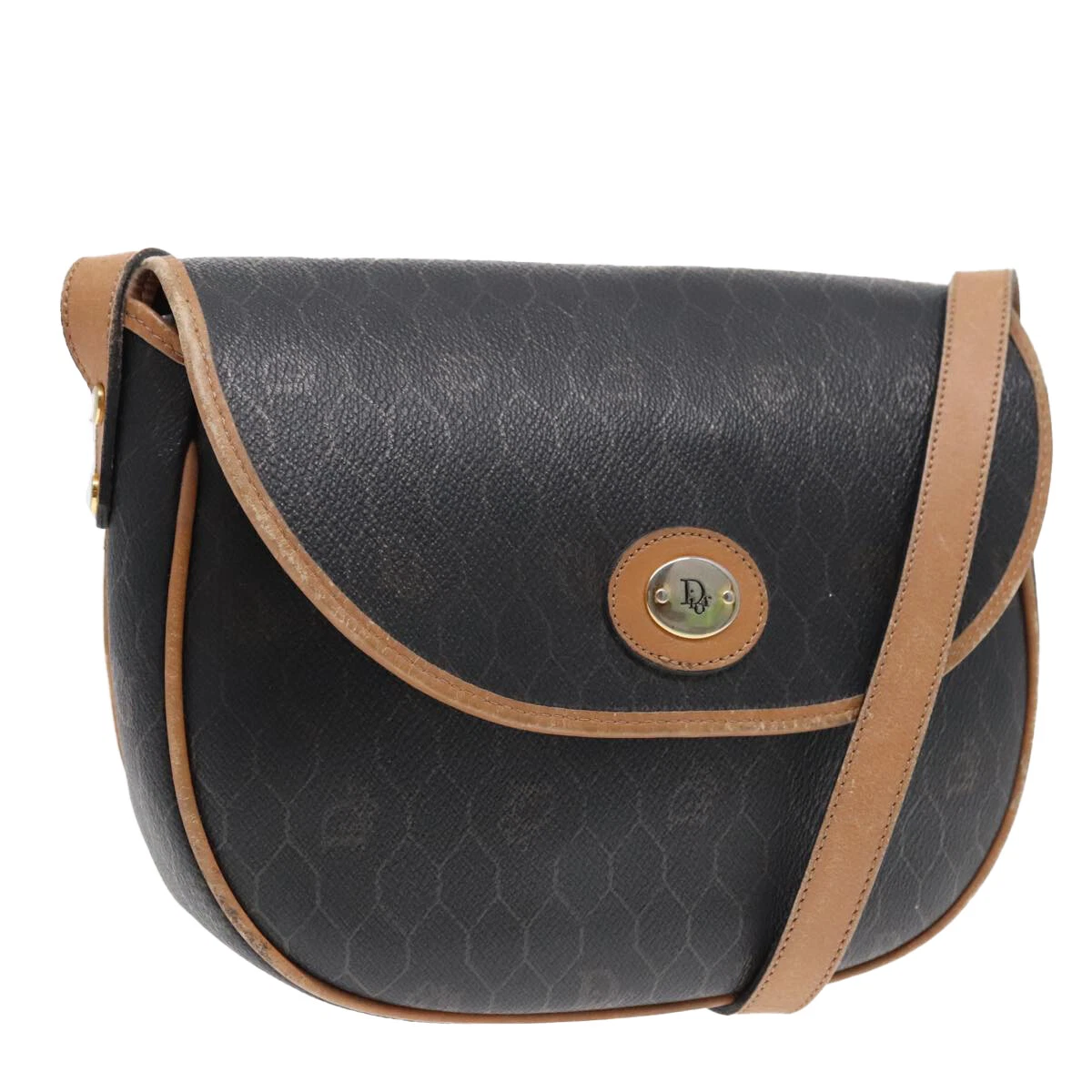 Christian Dior sac à bandoulière toile nid d'abeille PVC cuir noir or authentique 92629