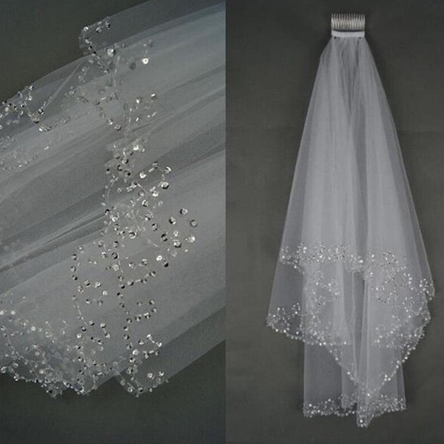 2 Layer White/Ivory Elbow Length Beads Edge Wedding Bridal Veil with Comb New 2 Layer White/Ivory Elbow Length Beads Edge Wedding Bridal Veil with Comb New