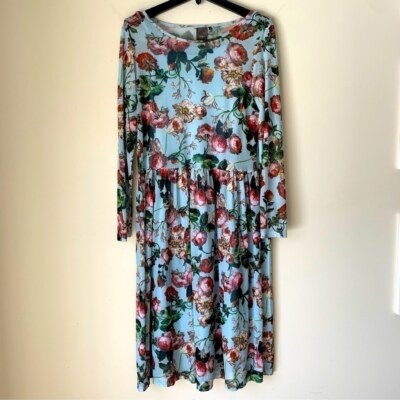 ICHI floral Print Blue Long Sleeve Sheer Midi Dress Size Small