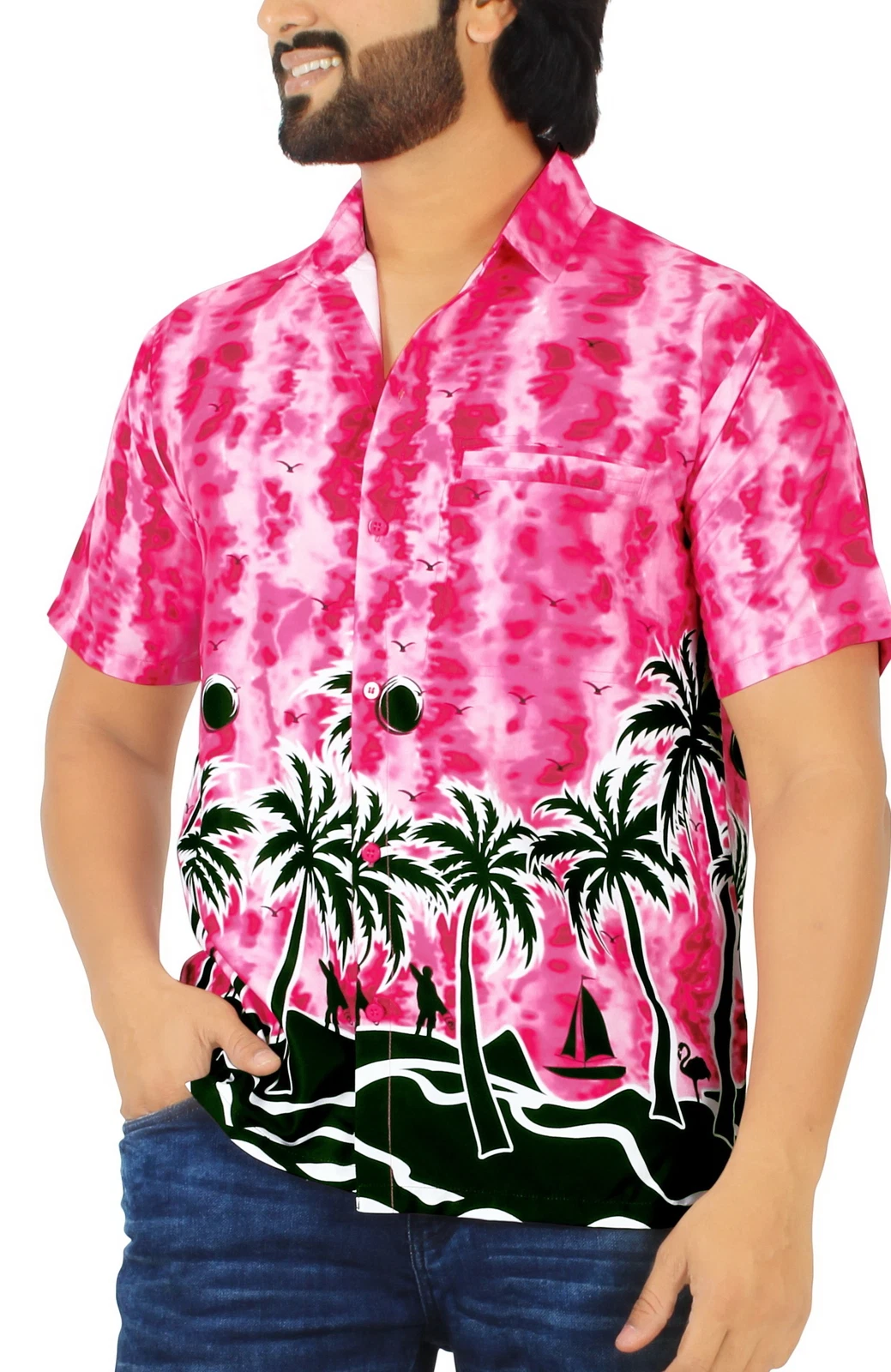 LA LEELA Mens Hawaiian Short Sleeve Button Down Shirts XXL Landscape Sea, Pink