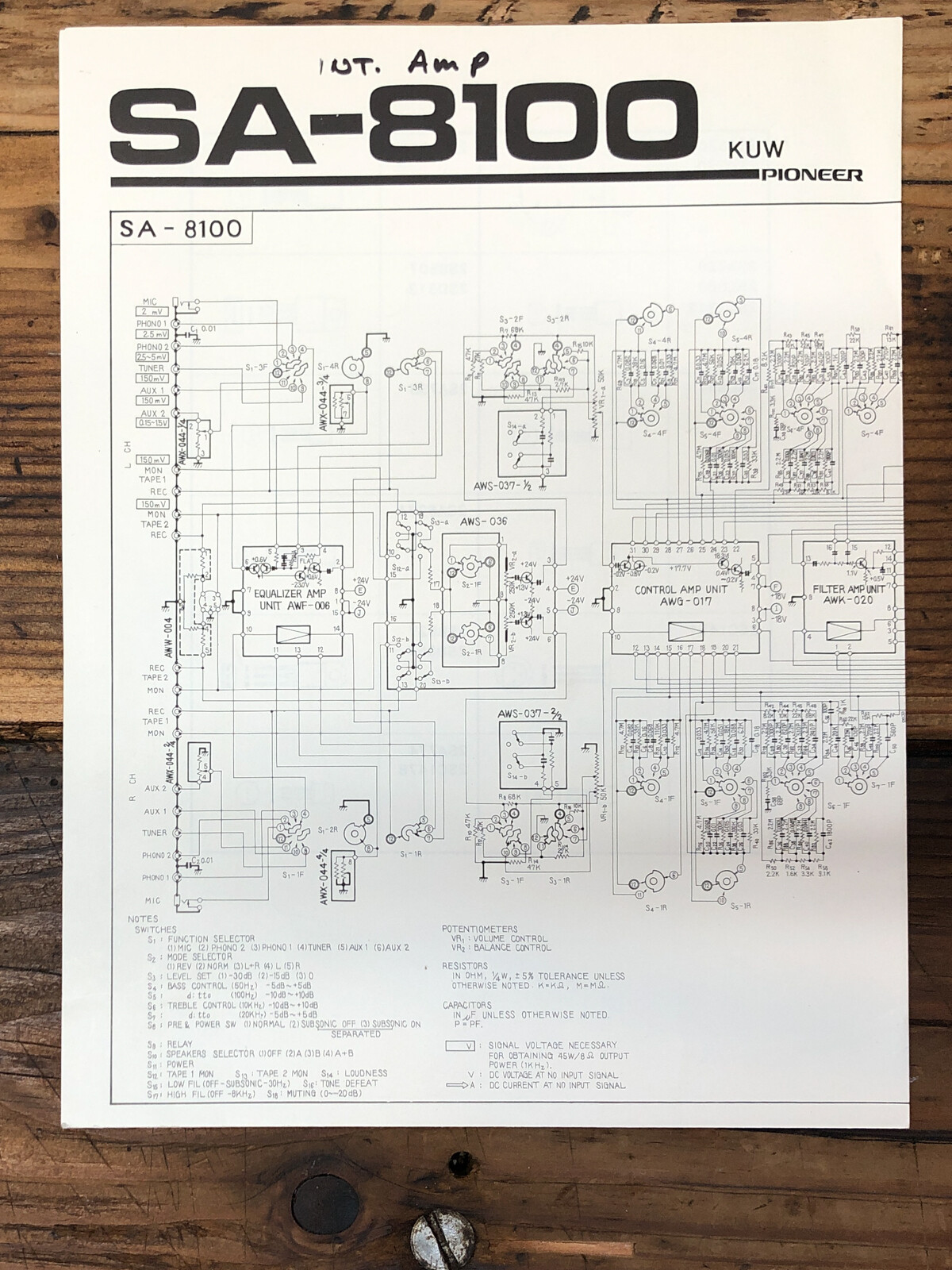 Pioneer SA-8100 Amplifier Foldout Schematic Manual *Original*