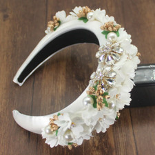 LUXURY HANDMADE WHITE FLOWER PADDED HEADBAND WITH PEARLS, RHINESTONES  BEADS