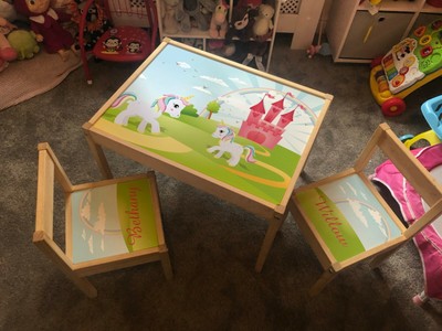 unicorn wooden table and 2 chairs