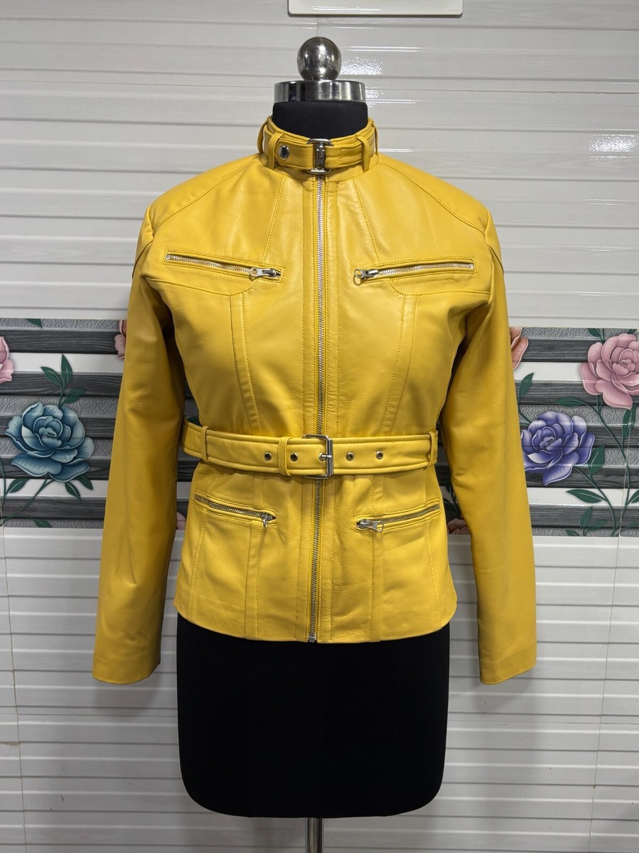Classic Yellow Leather Jacket Women Genuine Lambskin Leather
