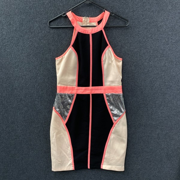 Knight Angel Womens Halter Mini Bodycon Dress Multi Colourblock Sequins Size 10