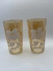 Vintage Jeanette Marigold Iridescent Carnival Glasses Hibiscus Set Of 2