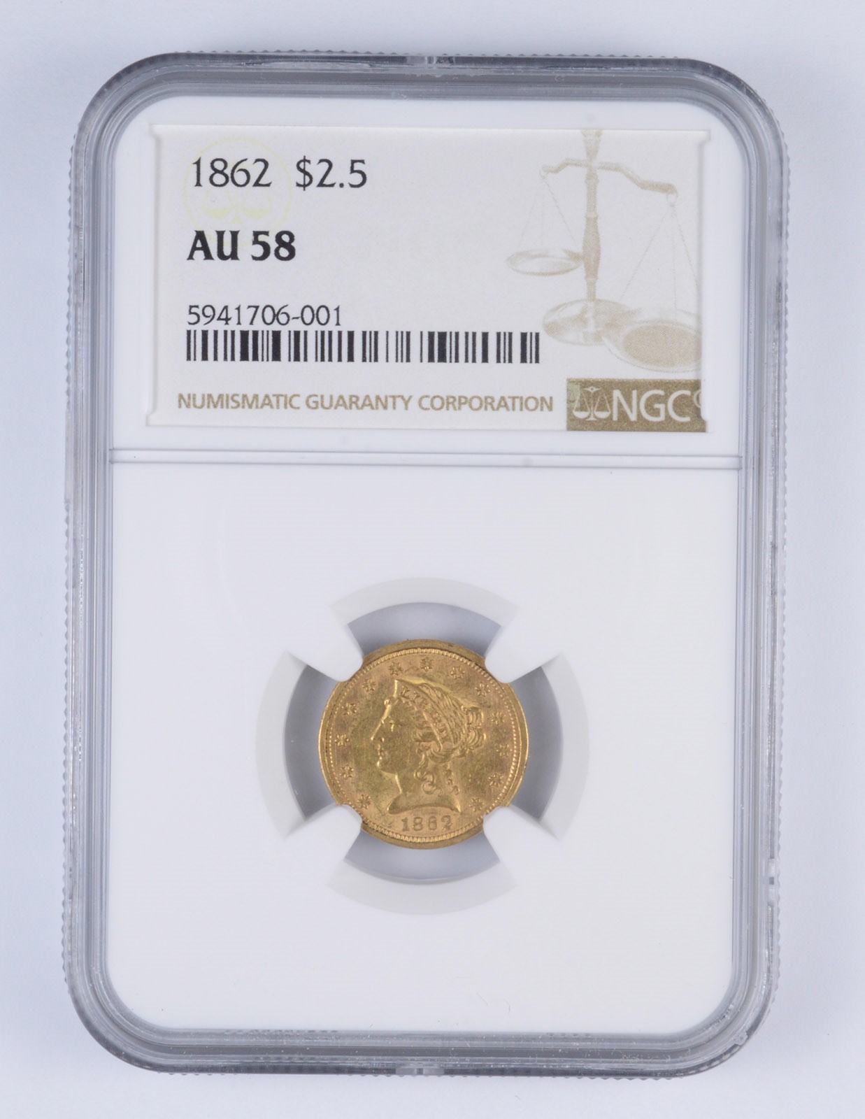 AU58 1862 $2.50 Liberty Head Gold Quarter Eagle - Graded NGC *2352