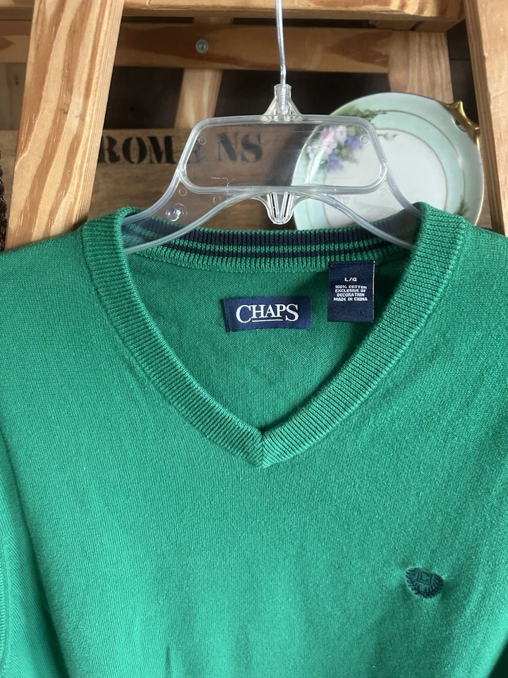 Chaleco Suéter De Colección Chaps Para Hombres Verde Cuello en V Talla L Algodón Años 90 Primavera Otoño Golf BTS Foto 4 de 4