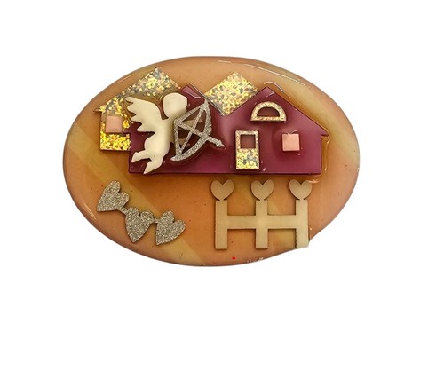 Lucinda Pink House Cupid Heart Arrow Pin