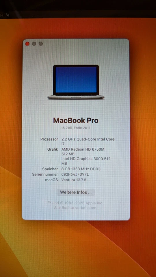 Apple MacBook Pro Jahr 2011, 15 Zoll, Ventura 13.7.7 Gepatched - Bild 2 von 4