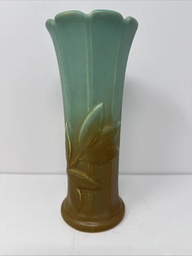 Weller Art Deco Loru 30s Art Pottery Turquoise Brown Panel Ceramic Vase!