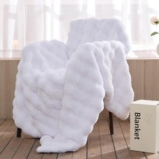 Faux Fur Throw Blanket: White Reversible Ultra Soft Bubble Fleece - Luxury Fl...