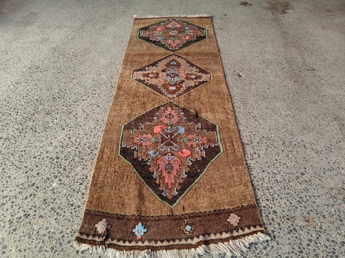 Vintage Handgeknüpfter Oushak Läufer, Türkischer Läufer Teppich Wollläufer Boho Läufer
