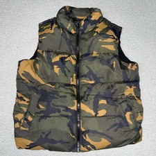 Old Navy Puffer Vest Youth Sz S 6-7 Green Brown Camo Quilted Zip Up Sleeveless