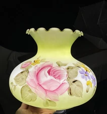 Antique Vtg Floral Glass Oil Lamp Shade Student GWTW Green Pink Roses 6.75-7 Fit
