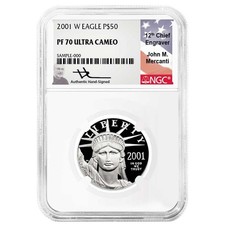 2001-W Proof $50 American Platinum Eagle 1/2 oz NGC PF70UC Mercanti Flag Label 2752.00 per troy oz