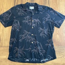 Vintage Paradise Found Mens Large Black Floral Bamboo Hawaiian Button Up Shirt