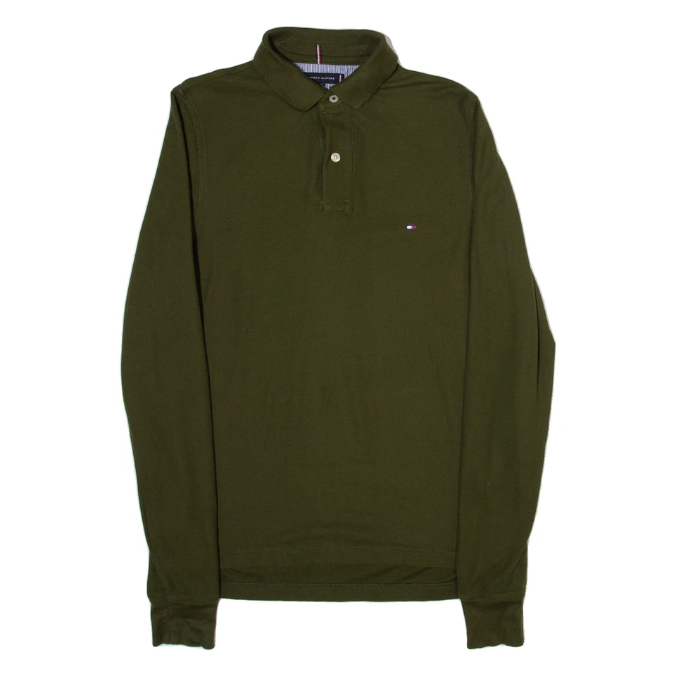 TOMMY HILFIGER Slim Fit Mens Polo Shirt Green Long Sleeve L
