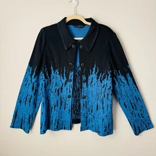 Ming Wang Collared Button Front Cardigan Jacket Womens XL Blue Black Embellished