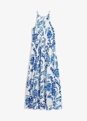 Neu Maxikleid Gr. 34 Weiß Blau Bedruckt Damen Sommerkleid Maxi Freizeit-Dress