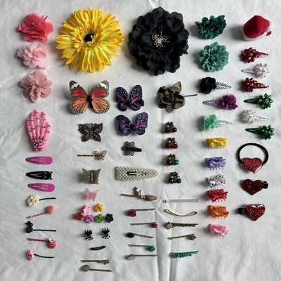 Huge lot of Hair Accessories Barrettes Clips Over 70 Pieces Flowers Holiday Bows