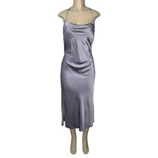 Express Dress Womens XL Grey Satin Cowl Neck Midi T-Back Slit Slip y2k Sexy NYE