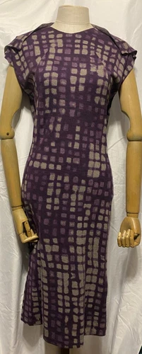 Abito midi Bottega Veneta grigio e viola con cappuccio in lana stampato taglia 42 US 6 NUOVO