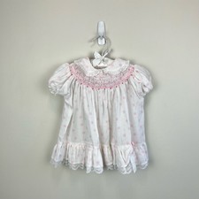 Polly Flinders Smocked White Pink Short Sleeve Dress Baby Girl 12 Months