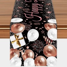 Happy Birthday Table Runner, Black and Rose Gold Party Decoration, 72 x 13