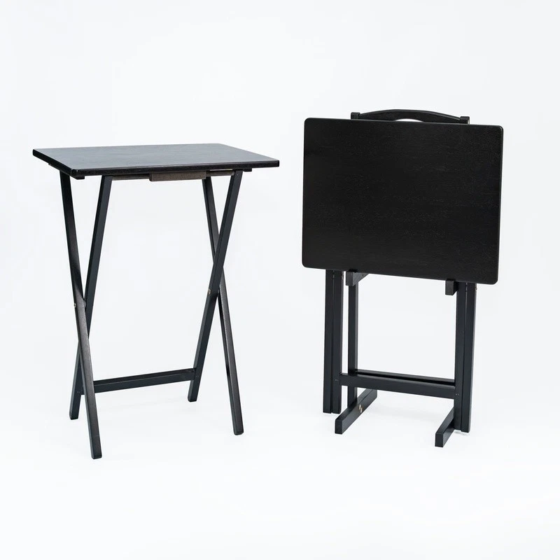 Juego de 2 mesas bandejas de TV plegables con estante de almacenamiento madera de goma duradera uso en interiores Foto 2 de 4