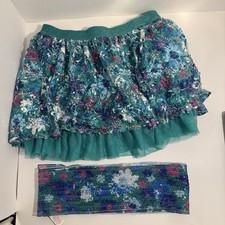 Justice Girls Classic skirt w built in Shorts, Matching Sash sequin girl sz12