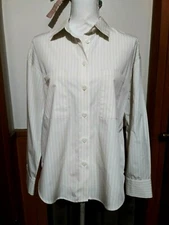 a new day Size M Womans Blouse Tan & White Stripes 2 Pockets 27" L  22" C