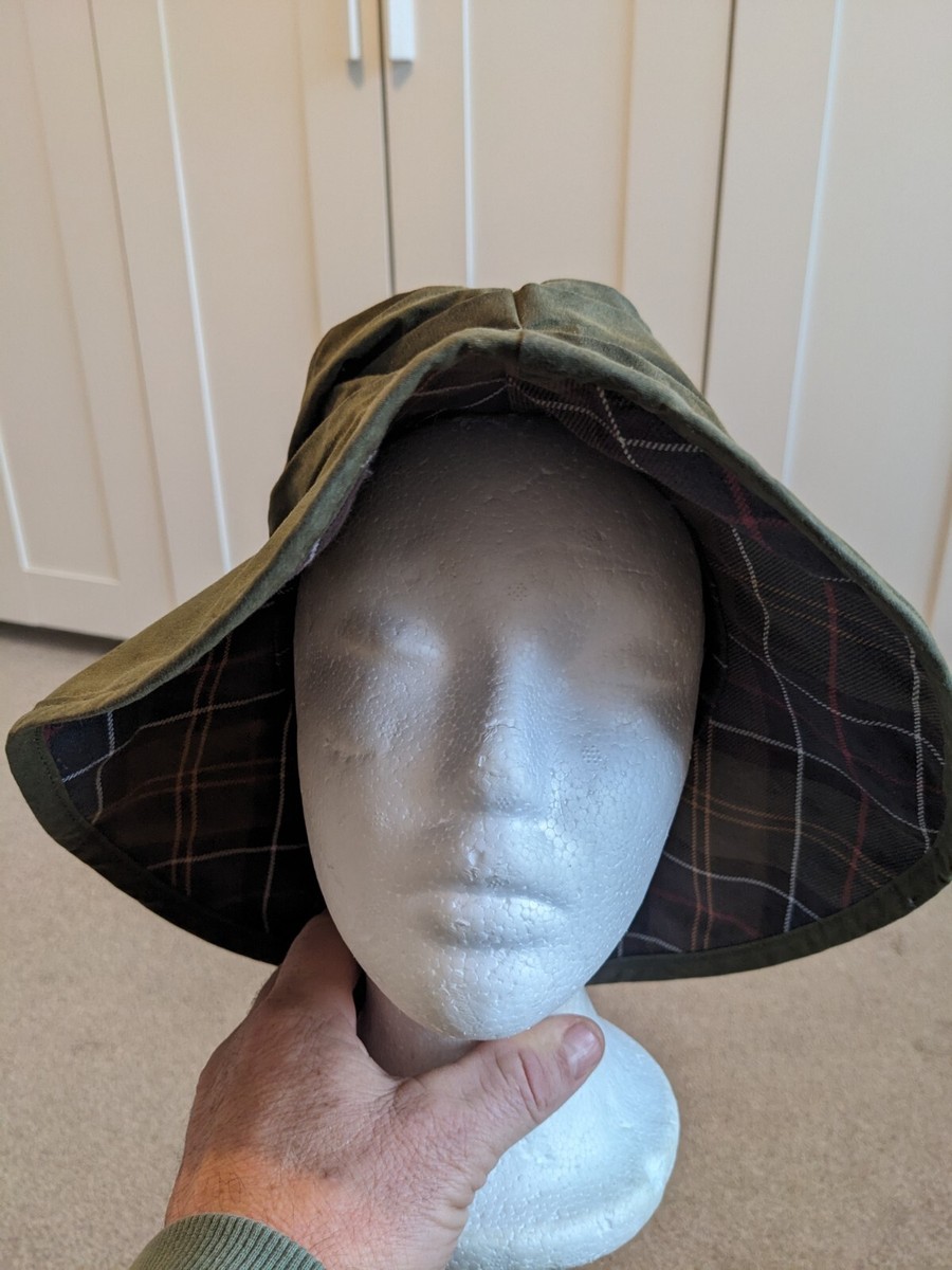 Women's Barbour Wax Cotton Khaki Bucket Hat Checked Lined Size M