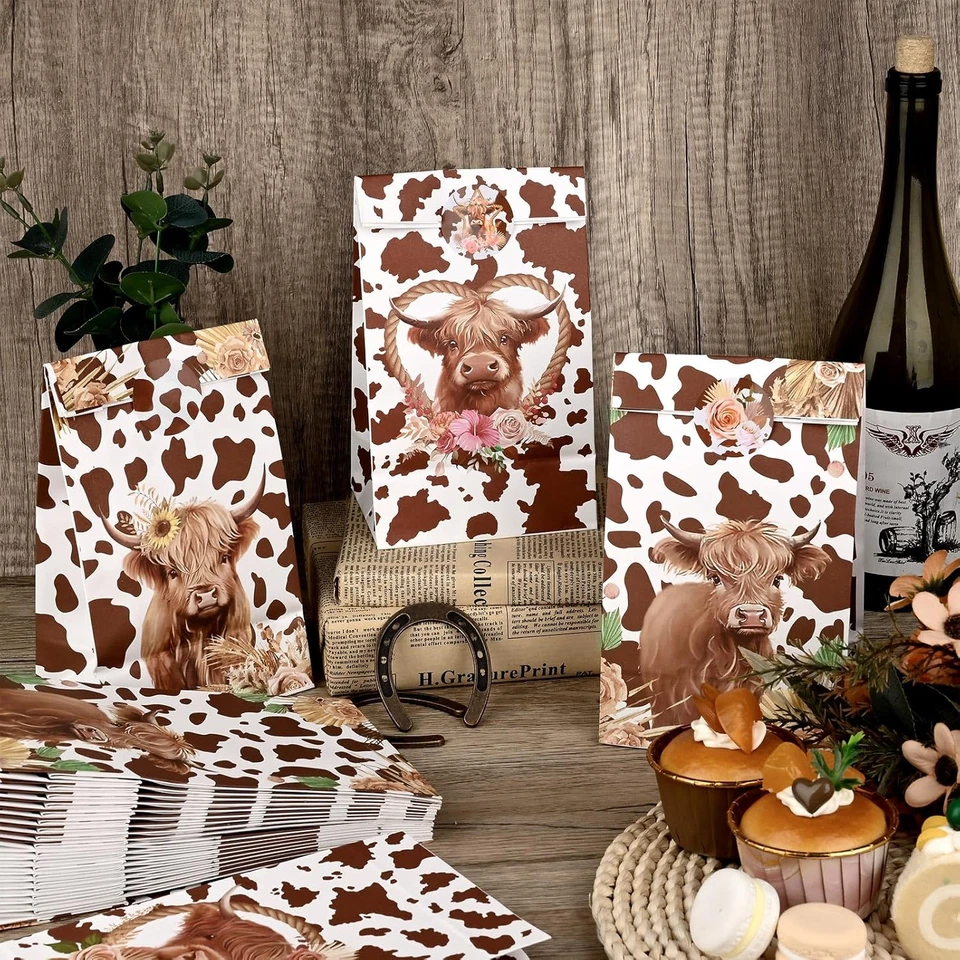 24 Piezas Bolsas Highland Vaca Fiesta Favor Marrón Vaca Impreso Papel Goodie Caramelo Bolsas Hi Foto 3 de 4