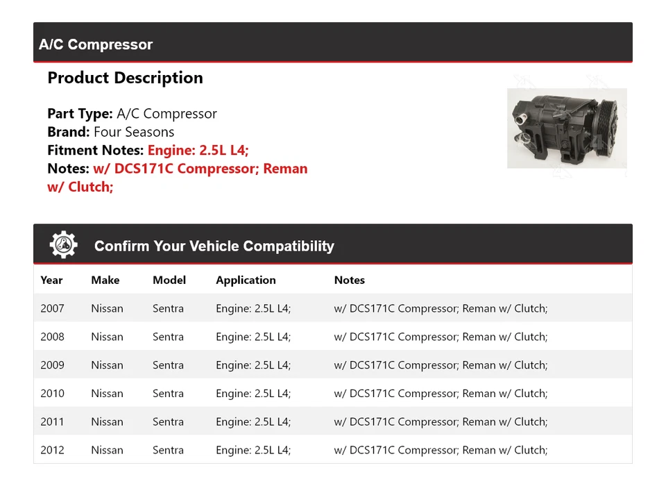 Compresor de aire acondicionado para Nissan Sentra 2007-2012 2,5 L L4 4 estaciones 2008 2009 2010 2011 Foto 2 de 4