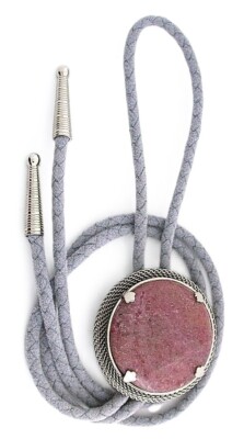 Rhodonite 36mm Round Natural Cab Silver Mesh Bolo Tie Cord Tip EPBT314/101224