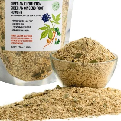 SIBERIAN GREEN Siberian Ginseng Dried Root Powder 200g Organic Eleuthero Tea w/ Ginkgo Biloba