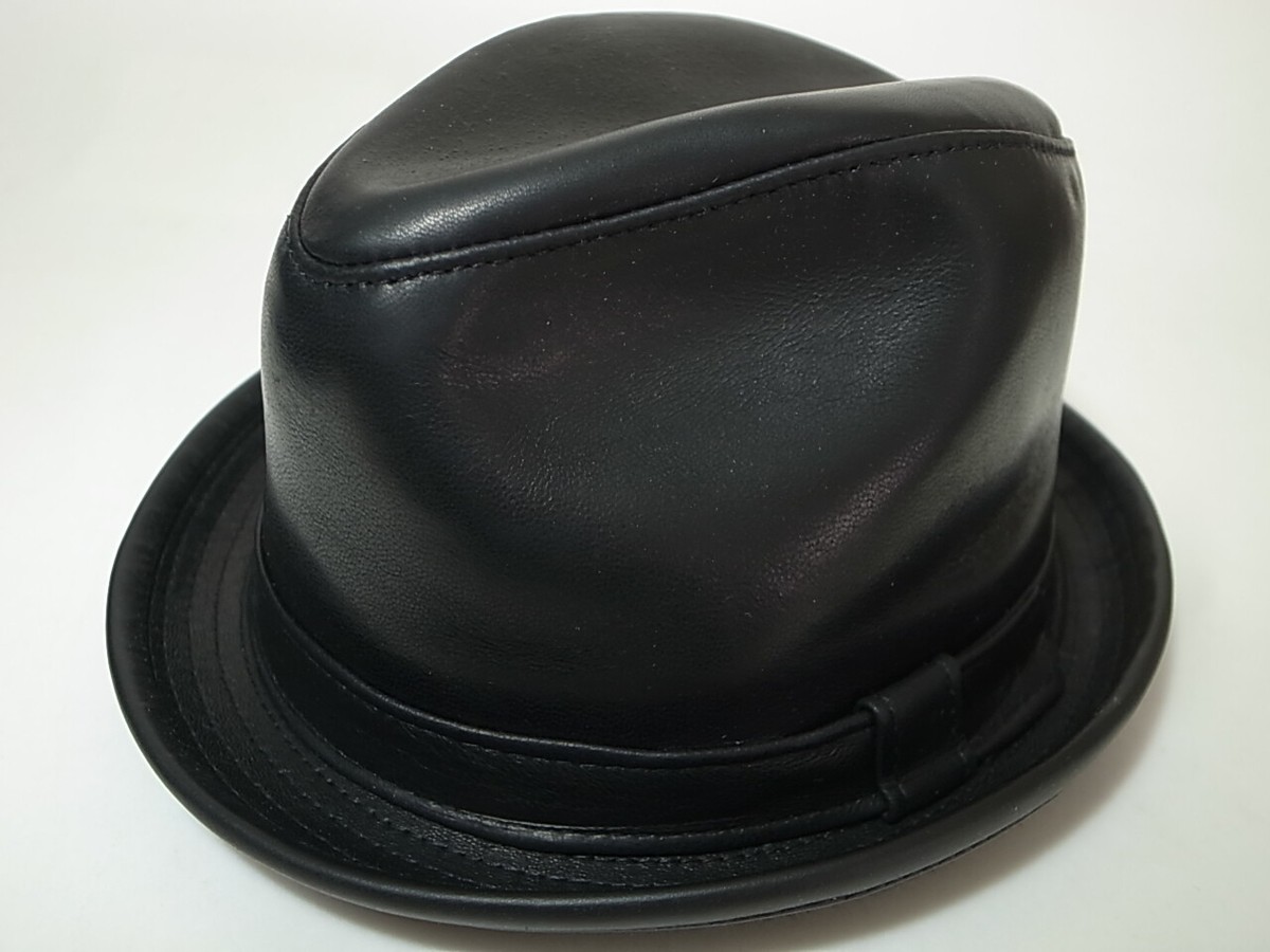 New York Hat Co Lambskin Fedora Leather Black size L Made in USA