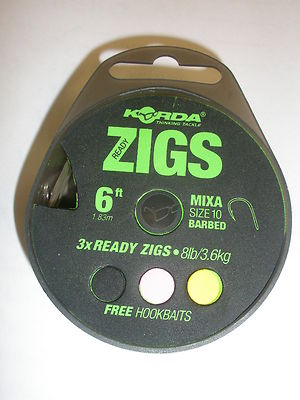 Korda Ready Tied Zig Rigs 3pk + Free Hookbaits BARBED - ALL VARIETIES Carp