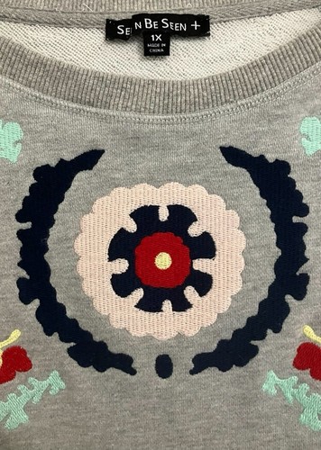 Gray Sweatshirt with Medallion Embroidery Crewneck 1X Preppy Embroidered - Picture 5 of 7