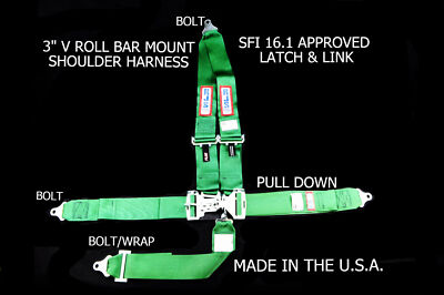 RJS RACING SFI 16.1 LATCH & LINK 5 PT HARNESS V ROLL BAR MOUNT GREEN 1126209